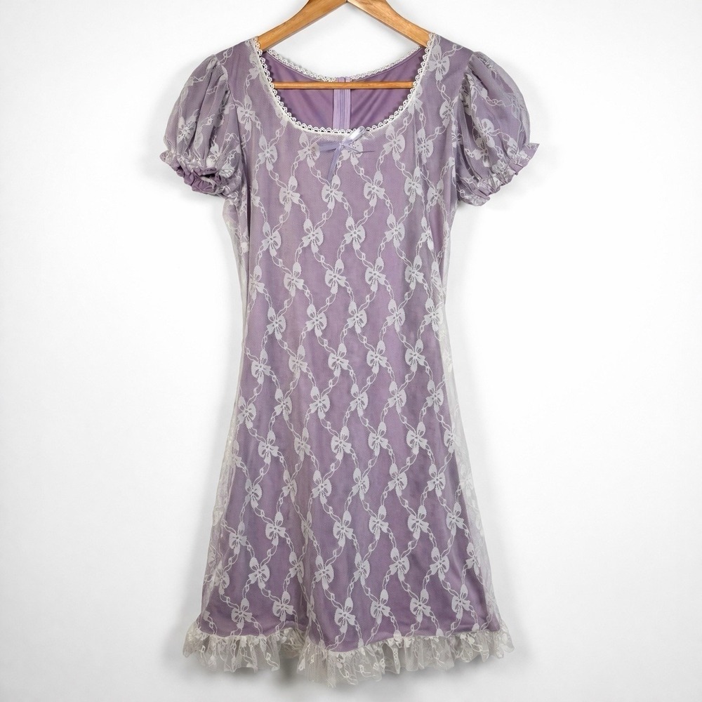 Coquette Lace Dress Womens Medium Sheer Overlay Lavender Soft Girl Puff Sleeve
